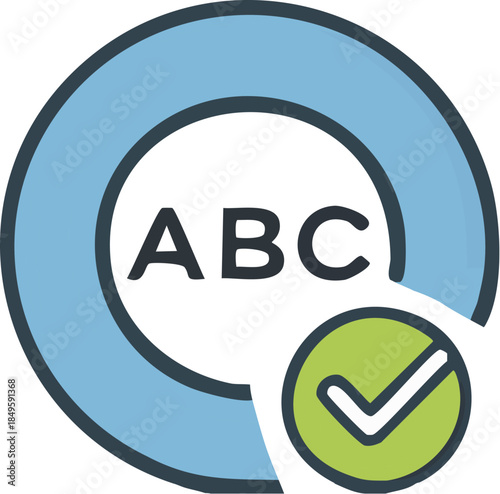 Vector illustration of the letters ABC inside a circular frame with a green checkmark indicating approval or success
