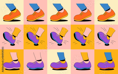 Colorful shoes walking and dancing in grid pattern illustration creative fashion footwear concept for lifestyle marketing and youth culture artistic sneaker design for social media advertising