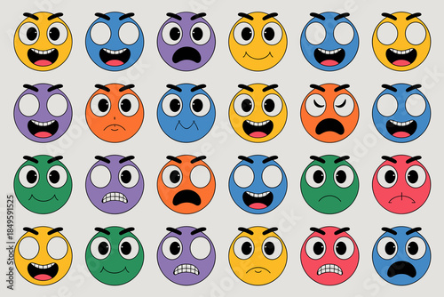 Colorful cartoon emoji faces set with various human emotions and facial expressions for social media marketing communication and digital psychological mood tracking app interface design asset