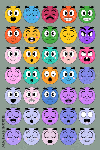 Colorful cartoon emoji faces set with various human emotions and expressions for social media communication and digital marketing messaging in vibrant retro flat design illustration style vector