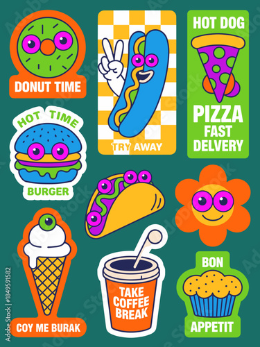 Retro fast food character stickers with burger pizza and donut icons set in vibrant pop art style for creative marketing projects graphic design elements and trendy street wear brand branding