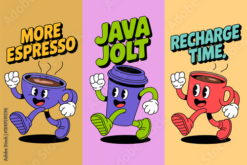 Retro cartoon coffee cup character walking with energy and motivation for morning routine caffeine boost java jolt recharge time espresso mascot illustration set for cafe branding and marketing