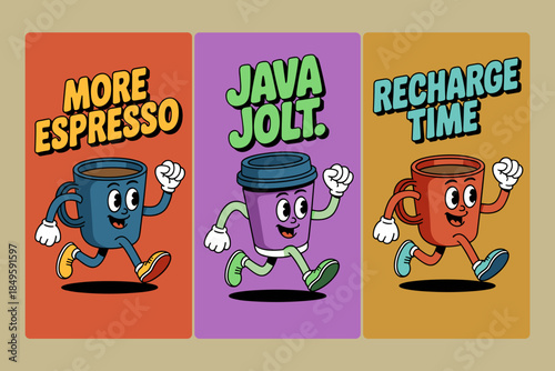 Retro cartoon coffee cups running and jumping for morning energy concept with vintage rubber hose style characters and typography and vibrant colors for cafe branding and social media marketing