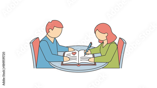 Two people, a man and a woman, sitting at a table and writing in a shared journal or book, symbolizing collaboration or shared memories.