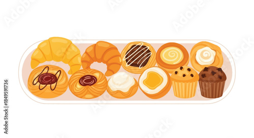 Assortment of freshly baked pastries and muffins on a white platter.