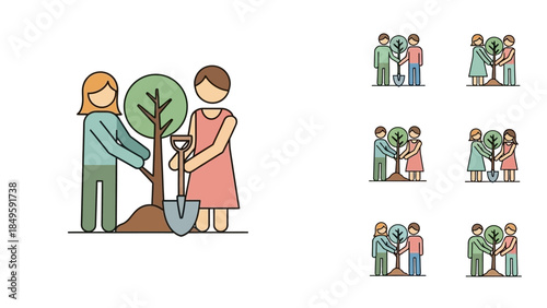 Illustrations of people planting trees, depicting environmental care, community involvement, and nature conservation efforts.