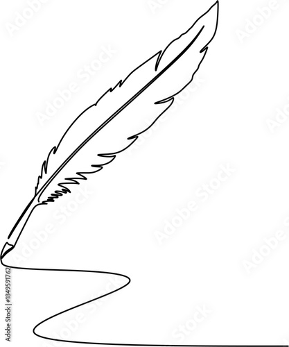 One Line Drawing of Feather Quill, Minimalist Continuous Line Art Pen Sketch.