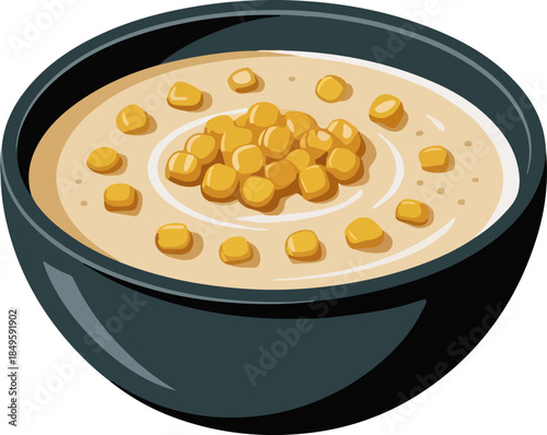 Corn chowder bowl cartoon vector illustration with creamy broth and golden sweet corn kernels