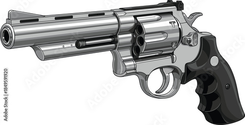Cartoon revolver handgun side view with silver barrel and black grip, firearm design for safety or game use, flat vector illustration