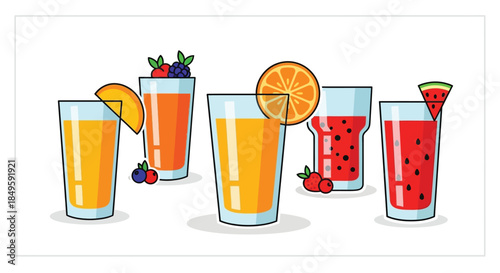 Refreshing assortment of fruit juices in clear glasses, garnished with fresh fruit slices and berries.
