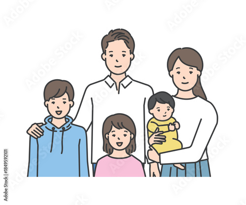 家族のイラストベクター素材（2世代5人）