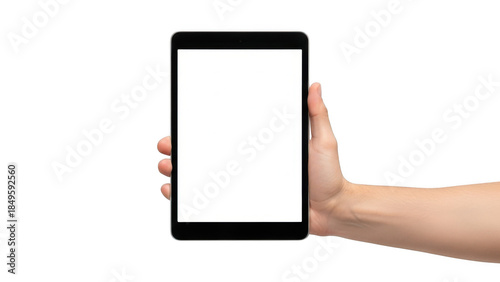 Hand holding tablet device isolated on transparent background