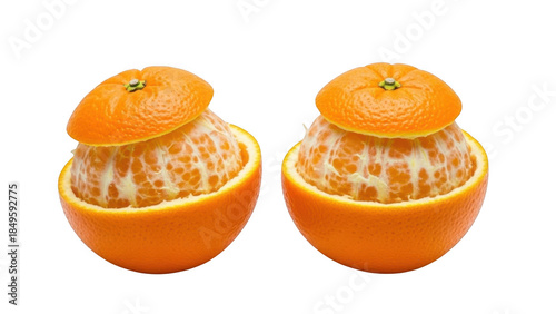 Two orange halves with tops isolated on transparent background