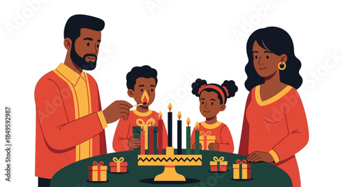 Black Family Celebrating Kwanzaa Lighting Kinara Candles Together.