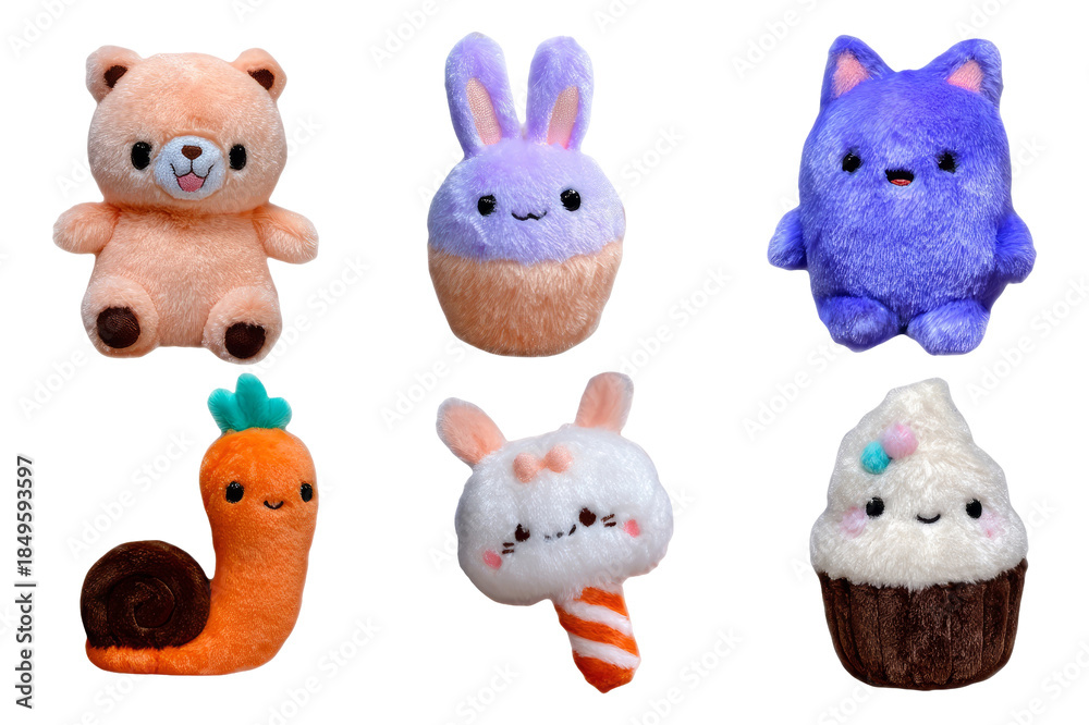 Obraz premium Cute Plush Characters Featuring Soft Toys in Pastel Colors for Adorable Art Styles