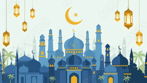 Beautiful Islamic Mosque Architecture with Crescent Moon and Lanterns.