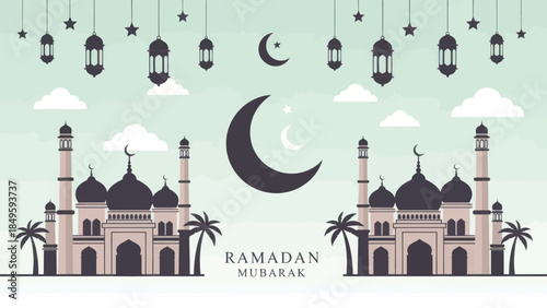 Ramadan Mubarak Islamic Mosques Crescent Moon Lanterns Celebration.