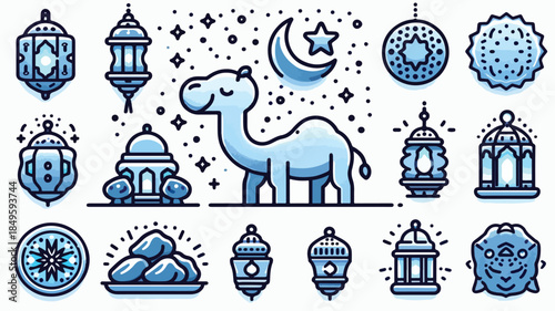 Blue Ramadan Icon Set with Camel, Crescent Moon, Lanterns, and Islamic Symbols