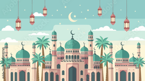 Beautiful Islamic Mosque with Palm Trees and Crescent Moon.