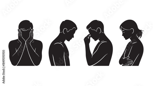 Stressed people silhouettes in various poses with contemplative expressions in black and white minimalist style for mental health awareness