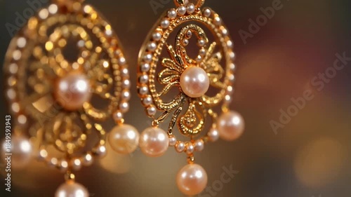Close-up macro of jhumka earrings, tiny pearls swaying gently, gold filigree shining, intricate engravings, dreamy cinematic sparkle.