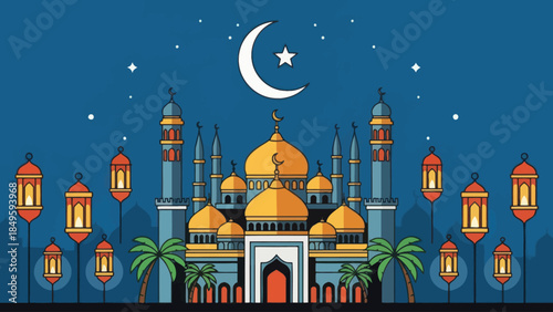 Islamic Mosque Architecture with Crescent Moon and Lanterns.