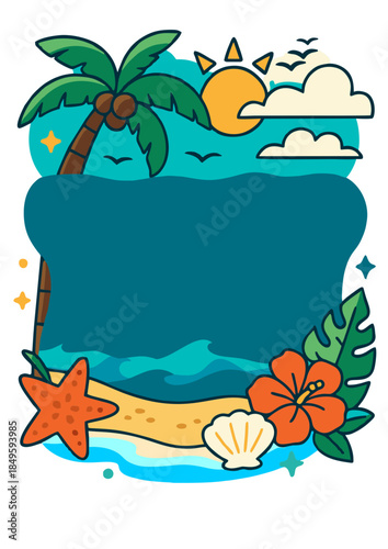 Digital card template, Vibrant beach scene featuring palm trees, ocean waves, sunset, and coastal elements, suitable for travel or relaxation content.