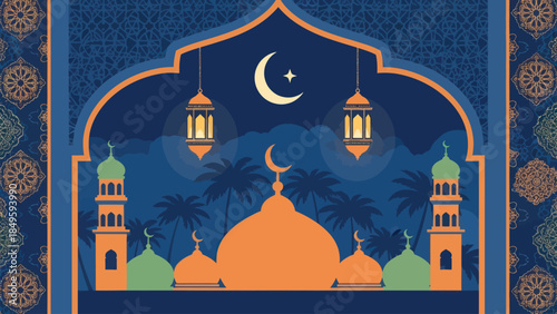Islamic Mosque Architecture with Crescent Moon and Lanterns.