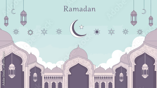 Ramadan Islamic Mosque Architecture with Crescent Moon and Lanterns.