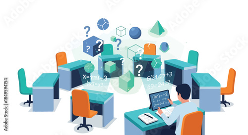 Man working at desk surrounded by question marks and geometric shapes, symbolizing problem-solving and innovation in a business context.