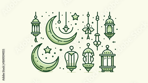 Ramadan and Islamic Decorative Icon Set with Lanterns, Crescent Moons, and Hanging Ornaments