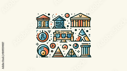 Ancient Civilization and Classical Architecture Icon Set with Temples, Columns, and Pyramids
