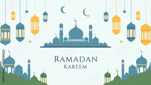 Ramadan Kareem Islamic Mosque and Lanterns Celebration.