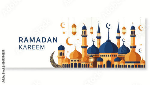 Ramadan Kareem Islamic Mosque Architecture with Crescent Moon.