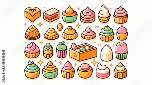 Cute Assorted Dessert and Cupcake Icon Set with Colorful Sweet Treat Illustrations eps