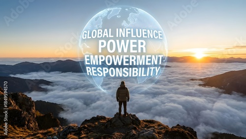 Man Standing on Mountain Peak at Sunrise.