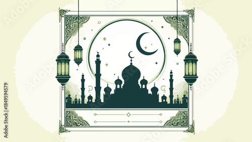 Elegant Ramadan and Eid Islamic Background with Mosque Silhouette, Crescent Moon, and Hanging Lanterns