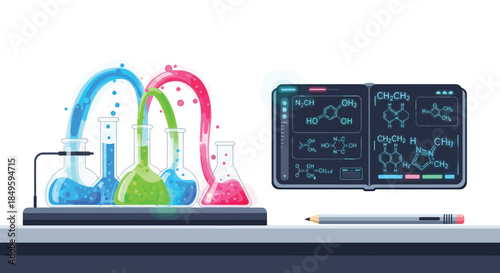 Chemical Experiment with Flasks and Digital Display.