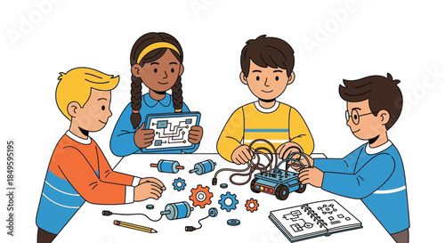 Diverse group of children engaged in a STEM robotics project.