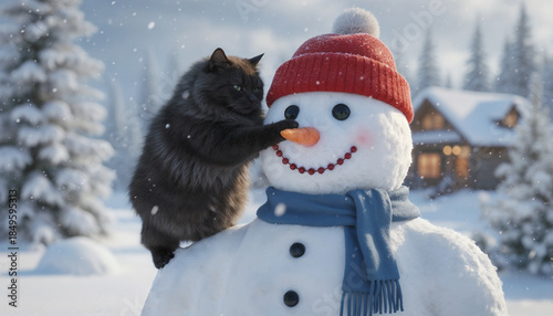 Playful cat interacting with a snowman in a cheerful winter scene with a cabin backdrop