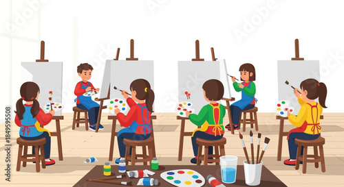 Children engaged in a vibrant art class painting on easels.
