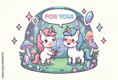 A cute kawaii sticker of a unicorn giving a magical crystal flower to a friend in a mushroom forest with a "For You!" speech bubble
