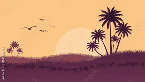 Tropical sunset with majestic palm trees and flying birds, a serene vector illustration capturing the vibrant beauty of an evening landscape