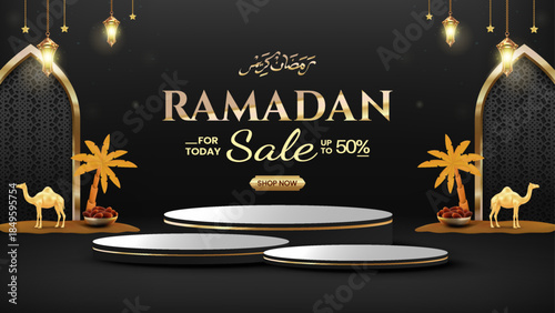 Ramadan Sale Banner With Golden Lanterns, Platforms, And Crescent Theme