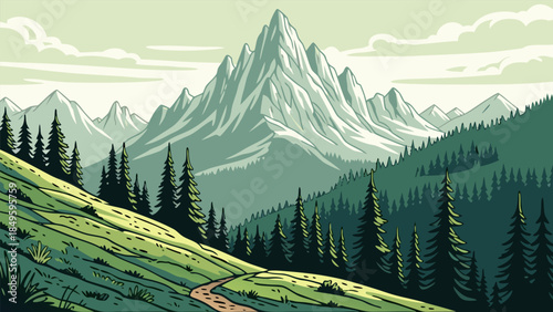 Majestic Alpine Peaks Rise Above Lush Green Forests and Winding Trails, Evoking Serenity and Adventure in Nature's Embrace
