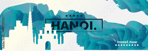 Hanoi, Vietnam city banner with skyline, cityscape, landmarks. Horizontal travel vector illustration layout for website, page, presentation, header, footer