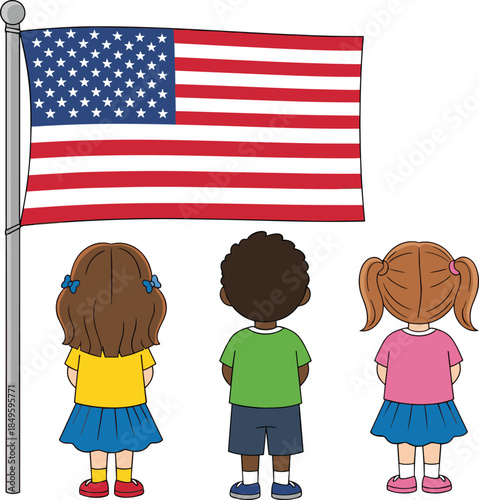 Children facing American flag, patriotic moment, civic engagement, national pride, ceremony pose, colorful clothing, flat vector illustration
