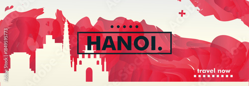 Hanoi, Vietnam city banner with skyline, cityscape, landmarks. Horizontal travel vector illustration layout for website, page, presentation, header, footer