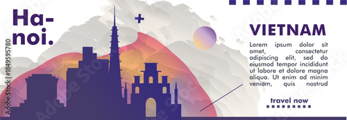 Hanoi, Vietnam city banner with skyline, cityscape, landmarks. Horizontal travel vector illustration layout for website, page, presentation, header, footer