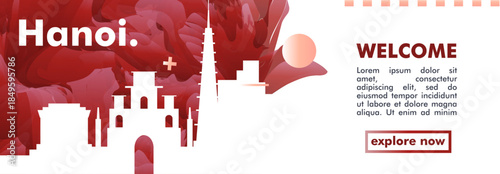 Hanoi, Vietnam city banner with skyline, cityscape, landmarks. Horizontal travel vector illustration layout for website, page, presentation, header, footer
